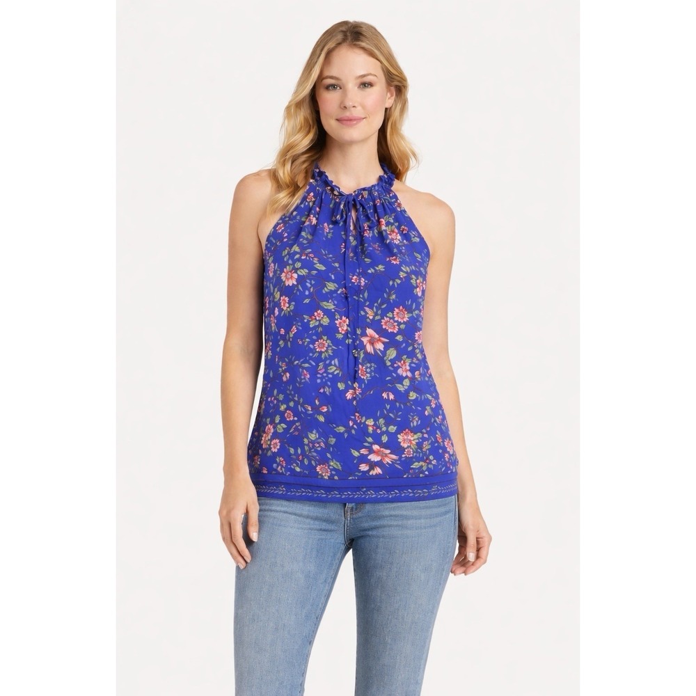 Max Studio Women's  Floral Blouse Blue Tie Ruffle Neck Sleeveless Top Size M
